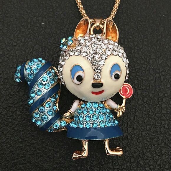 Blue Enamel Crystal Lollipop Squirrel Pendant Long Necklace NWOT - Picture 1 of 3